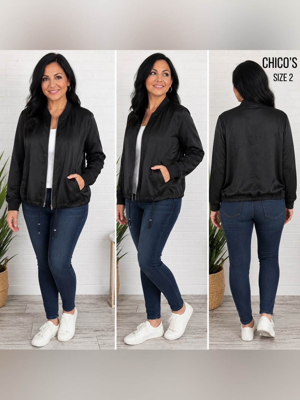 Chico’s Size 2 Black Satin Bomber Jacket Full Zip Drawstring NWT
